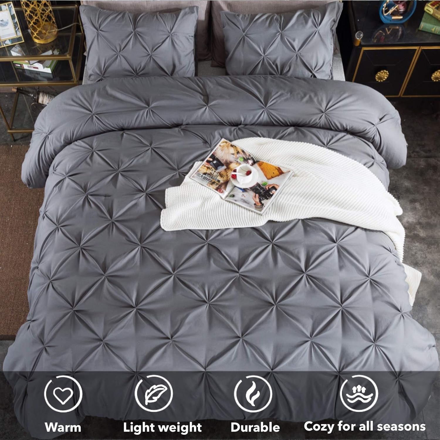 Andency Dark Gray Pinch Pleat Comforter Queen(90x90Inch), 3 Piece(1 Pintuck Comforter and 2 Pillowcases) Grey Pintuck Microfiber Down Alternative Comforter Bedding Set: Kitchen & Dining