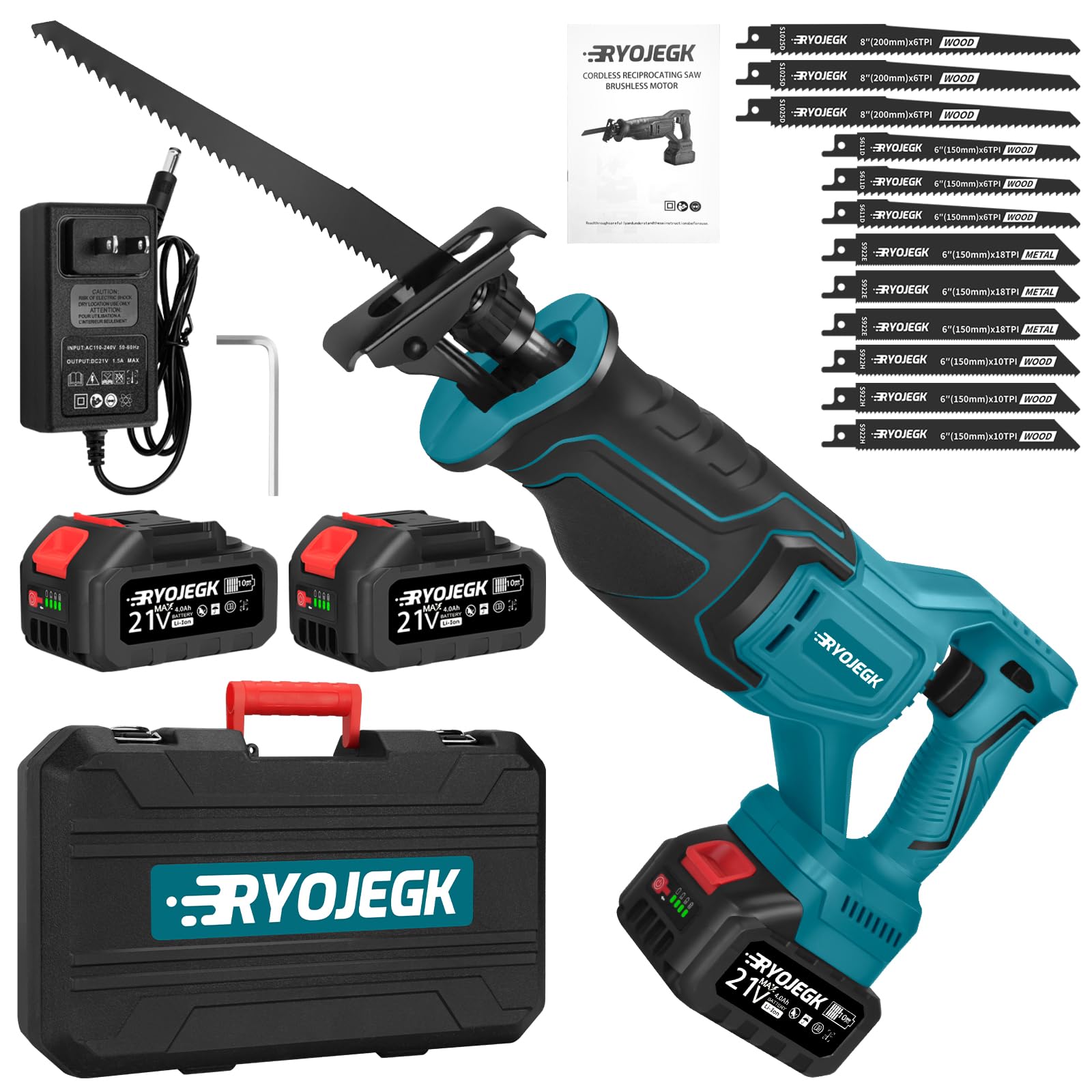 Photo 1 of ***LIKE NEW/OPEN BOX***
RYOJEGK Brushless Reciprocating Saw,21V Cordless Saws with 2×4.0Ah Battery,Variable Speed Power saw zaw 3500SPM 28mm with 12 Saw Blades,Recíproca Tool-Free Blade Change for Cutting Wood,Metal & PVC