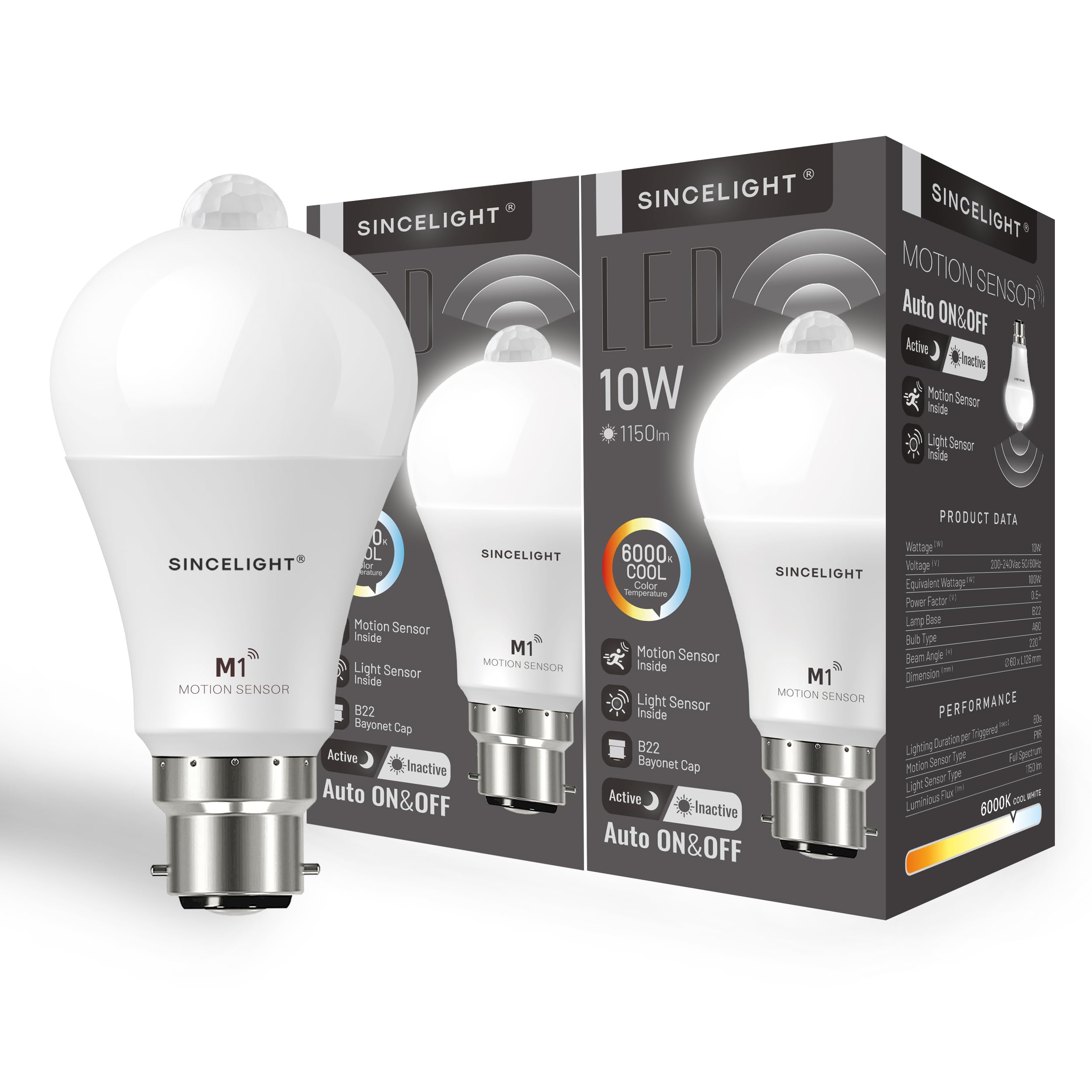 SINCELIGHT Motion Sensor LED Bulb with B22 Cap, Detects Human Movement, Automatic ON/Off in Darkness, 10W GLS Bulb with PIR Sensor and Light Sensor, Security Light Bulb, 60 Seconds Delay, Pack of 2