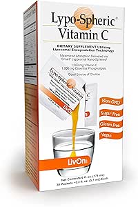 Lypo–Spheric Vitamin C – 1,000 mg Vitamin C &amp; 1,000 mg Essential Phospholipids Per Packet – Liposome Encapsulated for Improved Absorption – 100% Non–GMO, 1 Carton, 0.2 Fl Oz (Pack of 30)