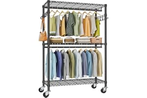 VIPEK R2 Plus Heavy Duty Rolling Garment Rack 3 Tiers Adjustable Wire Shelving Clothes Rack with Double Rods and Side Hooks, Freestanding Wardrobe Storage Rack Metal Clothing Rack, Black