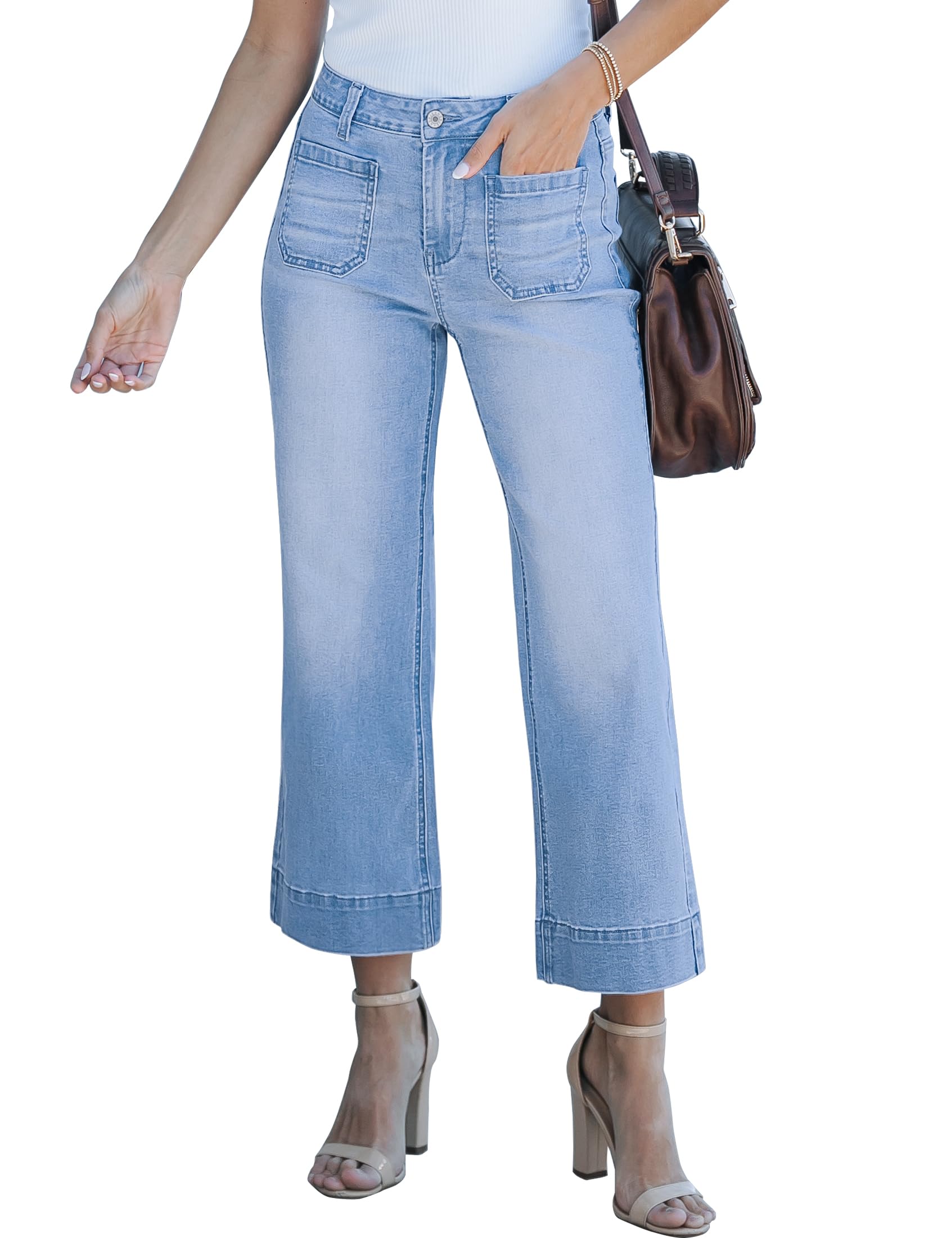 Photo 1 of luvamia Wide Leg Jeans for Women Trendy High Waisted Flare Jeans Cropped Denim Pants Stretchy Baggy with Patch Pockets Womens Wide Leg Jeans for Women High Waist Stretchy Lakeside Blue Size 8 Size 10