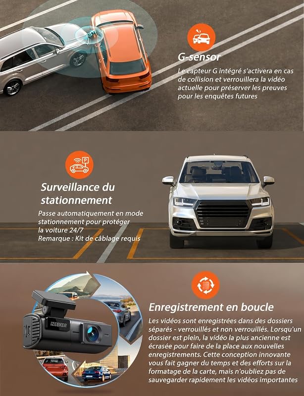 2.5K Dashcam Voiture, Camera Voiture 1440P WiFi, Mini Dash Cam Avant avec App Contrôle, Vision Nocturne, WDR, Capteur G, Enregistrement en Boucle, Mode Parking 24H