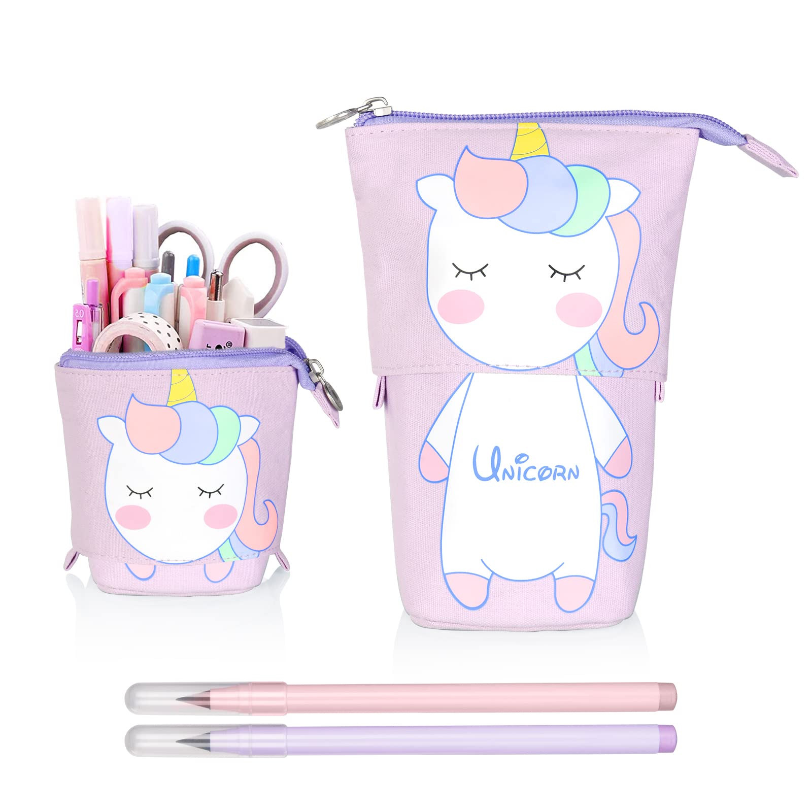 Vicloon Stand Pencil Holder, Telescopic Pencil Case with 2 Pencils Cartoon Cute Unicorn Pencil Pouch Canvas Pencil Holder Stationery Makeup Bag for Students and Office Supplies Purple