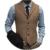 Tuikayoo Men's Tweed Suit Vintage Vest Herringbone Wool Prom Waistcoat Groomsmen