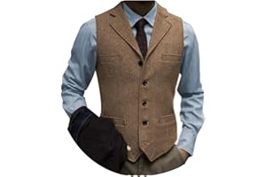 Tuikayoo Men's Tweed Suit Vintage Vest Herringbone Wool Prom Waistcoat Groomsmen