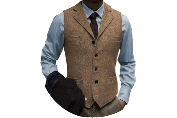 Tuikayoo Men's Tweed Suit Vintage Vest Herringbone Wool Prom Waistcoat Groomsmen