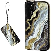 DIGTIALL Women's RFID Blocking Wallet,Black Gold Marble | PU Leather Slim Bifold Wristlet Clutch with Large Capacity, 16 Card Slots & Zipper Coin Purse Pocket, Ladies Travel Purse
