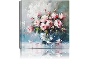 Acocifi Bathroom Pink Rose Canvas Wall Art Flowers Picture, Blossom Botanical Florals Rustic Scenery Painting Textured Artwork Framed for Living Room Bedroom Kitchen Office Home Decor 20"x20"