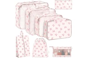 KPX 8 Set Packing Cubes for Travel, Luggage Packing Organizers Accessories Large Toiletries Bag for Clothes Shoes Cosmetics (8Set-Pink Bow)