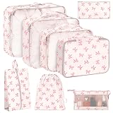 KPX 8 Set Packing Cubes for Travel, Luggage Packing Organizers Accessories Large Toiletries Bag for Clothes Shoes Cosmetics (8Set-Pink Bow)