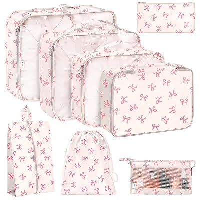 KPX 8 Set Packing Cubes for Travel, Luggage Packing Organizers Accessories Large Toiletries Bag for Clothes Shoes Cosmetics (8Set-Pink Bow)