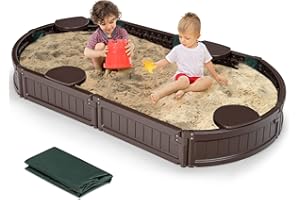 HONEY JOY Sandbox with Cover, 6FT Oval Sand Pit for Backyard, 4 Built-in Seating & Bottom Drainage Liner, All Weather Resistant Sand Boxes for Kids Outdoor with Lid