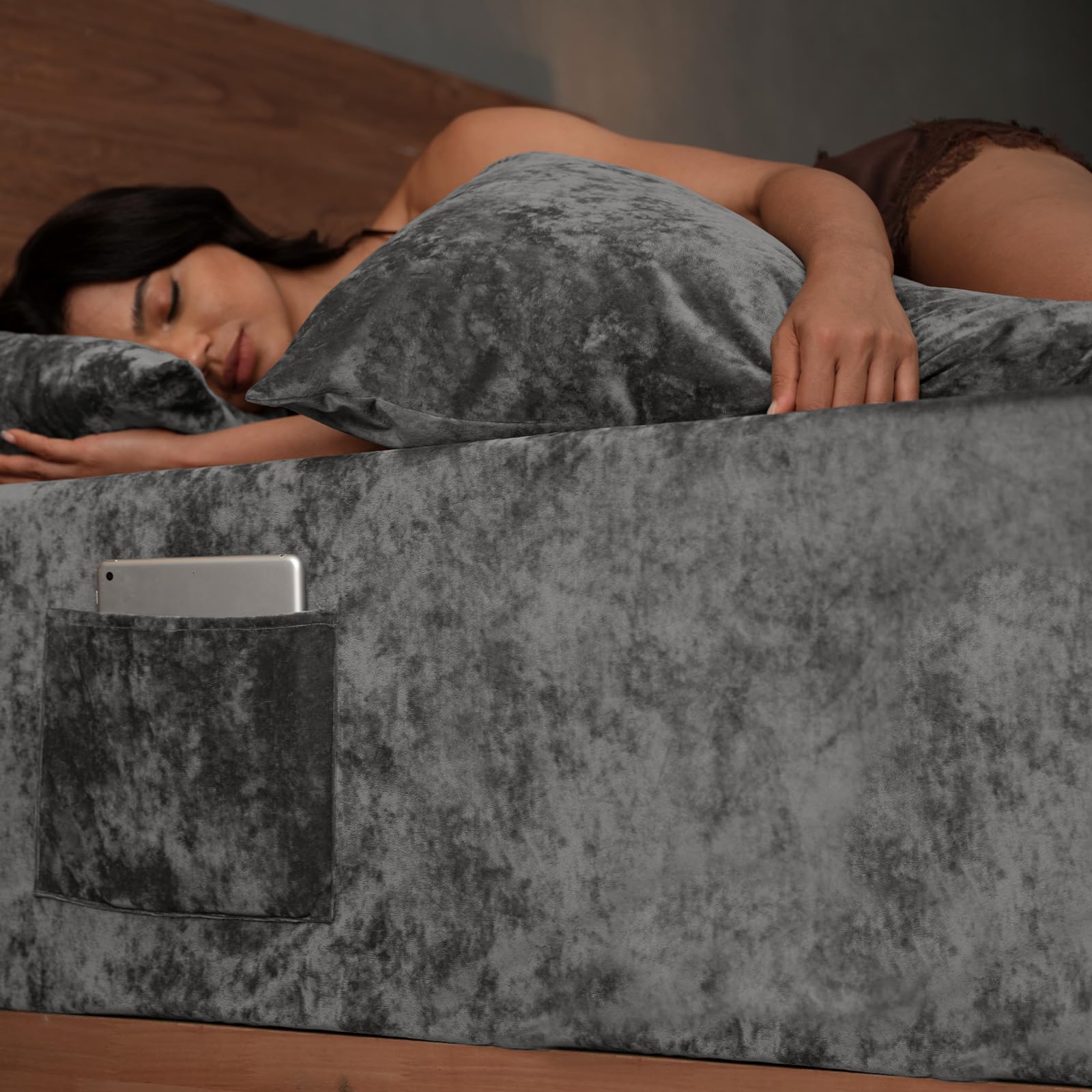 Photo 1 of David's Home Velvet Fitted Sheet and Pillowcases Set Queen Size, Extra Deep Pocket up to 18", Soft Plush Fleece Bottom Sheet with Side Pocket & Elastic Corner Straps, Fall Winter, Dark Grey