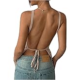 MakeMeChic Women's Tie Open Back Top Knit Backless Spaghetti Strap Going Out Tops