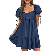 POTILI Denim Dress for Women Puff Short Sleeve Jean Dresses Sweetheart Neck Denim Mini Dress