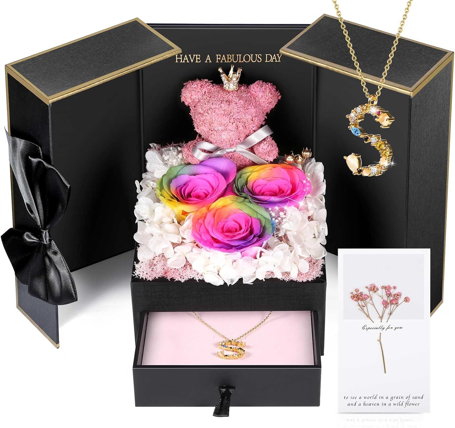 Dried & Preserved Flora - ADDWel Preserved Real Roses Gift with 18K Gold-Plated Initial Necklace, Cute Moss Bear and Rainbow Fresh Flowers, Meaningful Birthday Anniversary Presents for Her, Girlfriend, Mom, Wife, Sister