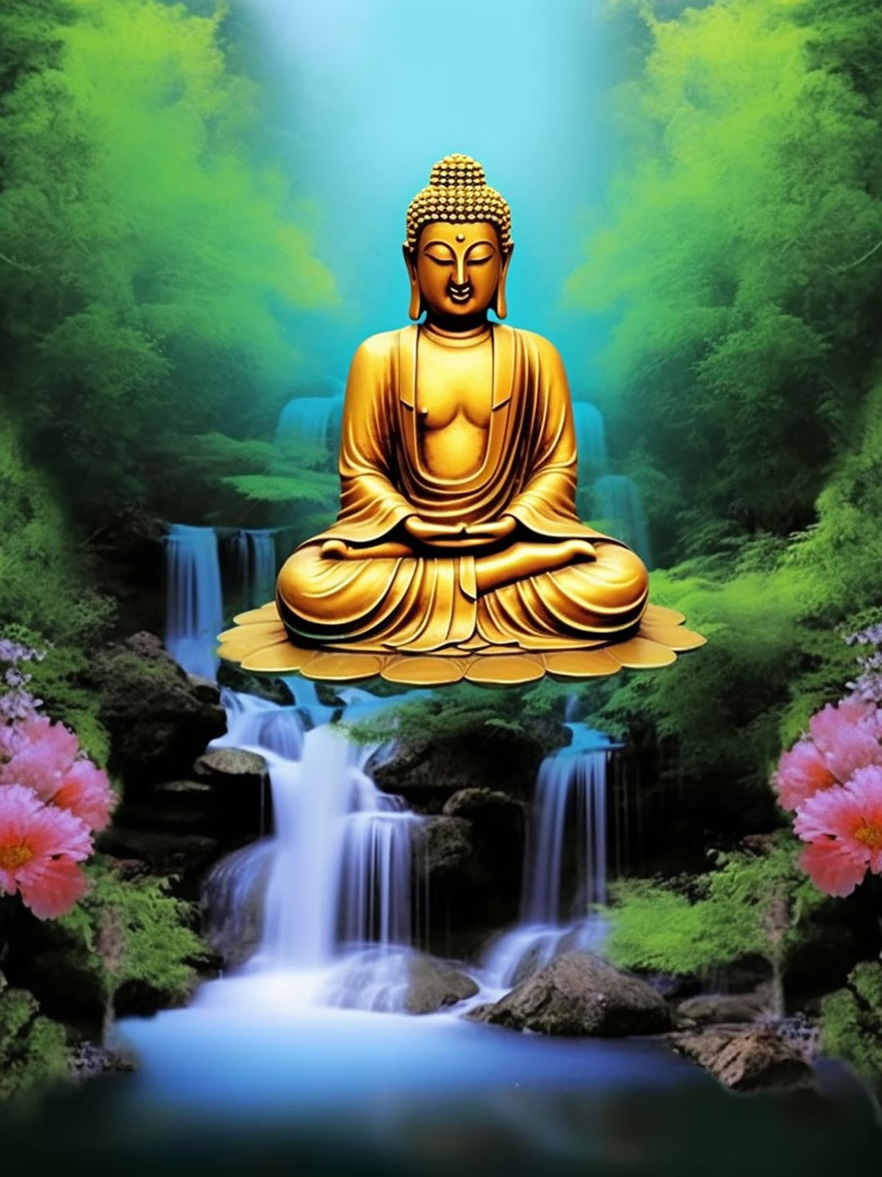 Reofrey 5D Diamond Painting Kit Waterfall Buddha Statue Full Drill, Paint with Diamonds Art Rhinestone Embroidery Cross Stitch Craft Decor (40x50 cm/ 16x20 inch)