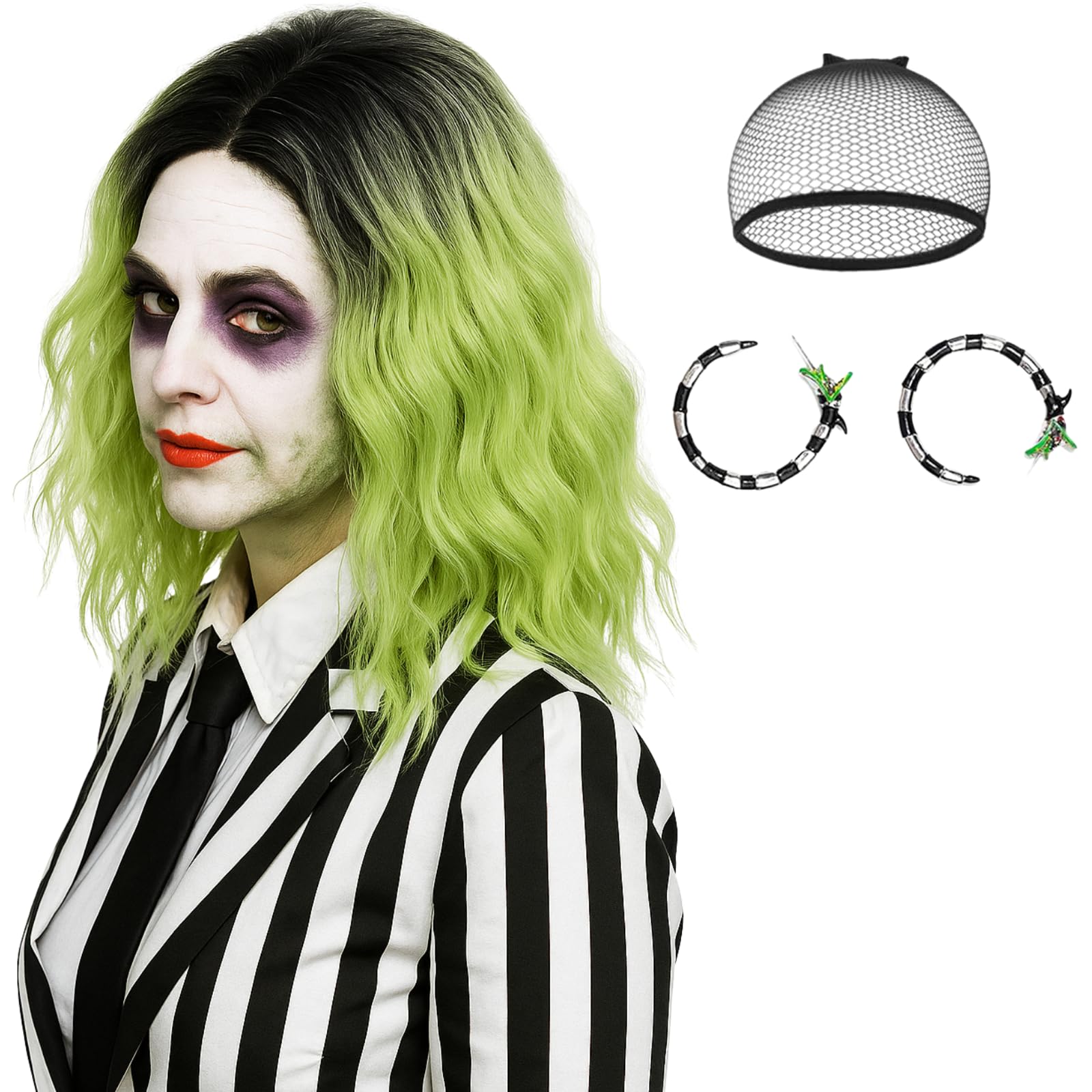 Photo 1 of 14'' Short Ombre Green Wig Women + Earrings Accessories, Shoulder Length Wavy Green Bob Wig St.Patrick's Day Wig + Cap for Halloween Costume Party Cosplay