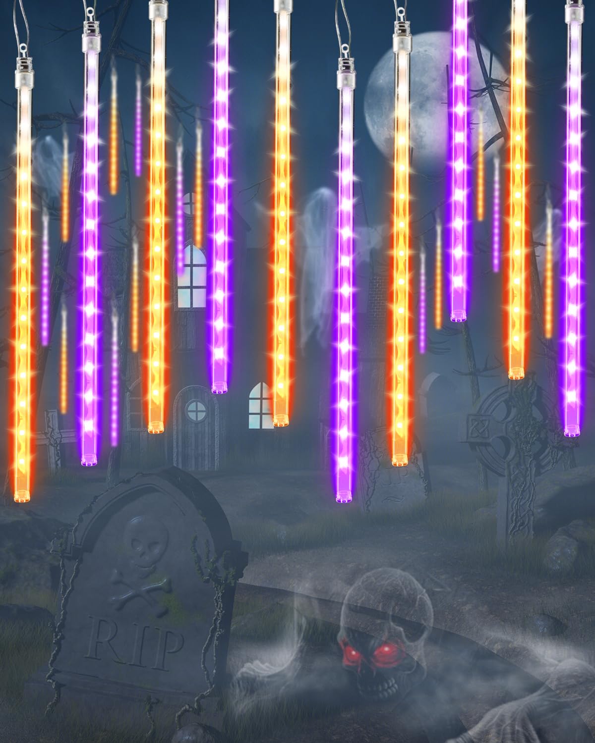 Photo 1 of Halloween Lights Outdoor 20 Tubes 480 LED Raindrop Meteor Shower Icicle Lights with Timer Function Cascading Light Falling Rain Light for Halloween Orange Purple