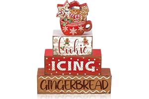 Moucuny 4 Pcs Christmas Gingerbread Man Table Sign Christmas Cup Wooden Decorative Signage Xmas tiered Tray Decor Winter Centerpieces Farmhouse Wooden Block Set Xmas Table Sign for Home