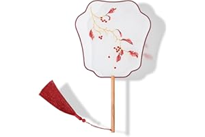 YUELAI Chinese Fan Embroidery Hand Circular Fan, China Ancient Dance Translucent Silk Round Fan (Red Plum Blossom)