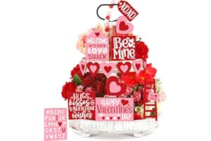 Pickmesh 21 Pcs Valentine's Day Tiered Tray Decor Set Valentine Table Decorations Conversation Heart Wooden Decor Farmhouse Valentines Day Decorations Heart Wooden Signs for Home(Pretty)
