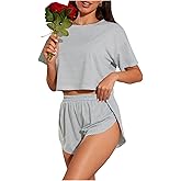 OYOANGLE Women's Two Piece Pajama Set Striped Print Crew Neck Short Sleeve Tee and Side Split Shorts Set Cute Pj Sets