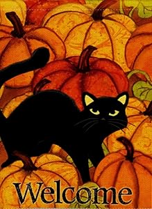 Dyrenson Home Decorative Welcome Halloween Garden Flag Cat Double Sided, Pumpkin Kitty Quote House Yard Flag Kitten, Fall Outside Rustic Garden Yard Decorations, Vintage Seasonal Outdoor Flag 12 x 18