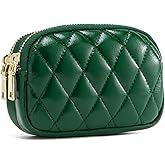 WOZEAH Leather Coin Purse for Women Small 2 Zipper Change Wallet with Key Ring Card Key Coin Cash Holder Pouch(Quilted Green)