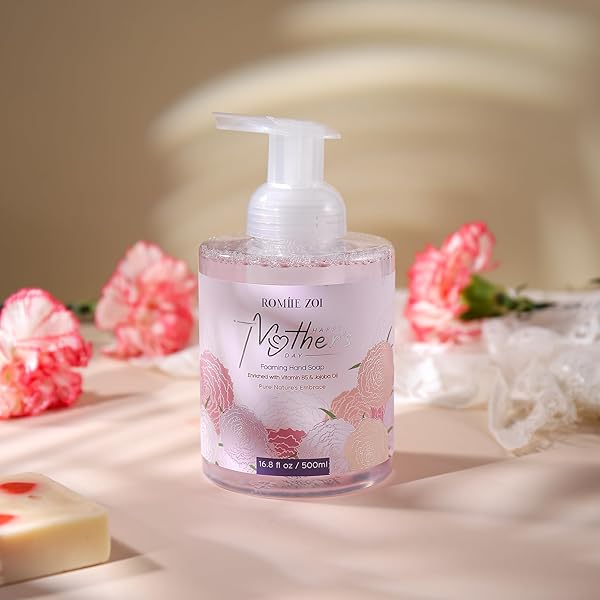 ROMIIE ZOI FOAMING HAND SOAP FOR MOTHER’S DAY GIFT BASKET – CARNATION DESIGN, INFUSED WITH ROSE SCENTED AROMA – 500 ML / 16.8 FL OZ