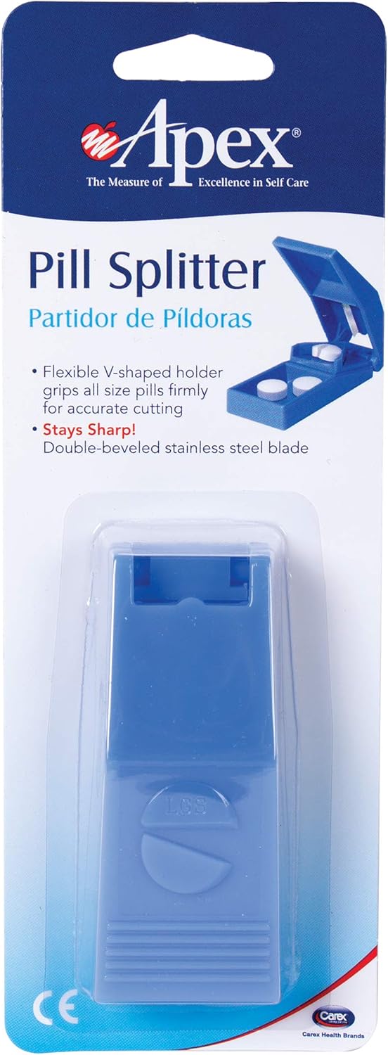 Apex Pill Splitter - Pill Cutter For Small Pills Thru Large Pills - Includes Long Lasting Double Beveled Stainless Steel Blade Splitter - Assorted Colors: Health & Personal Care
