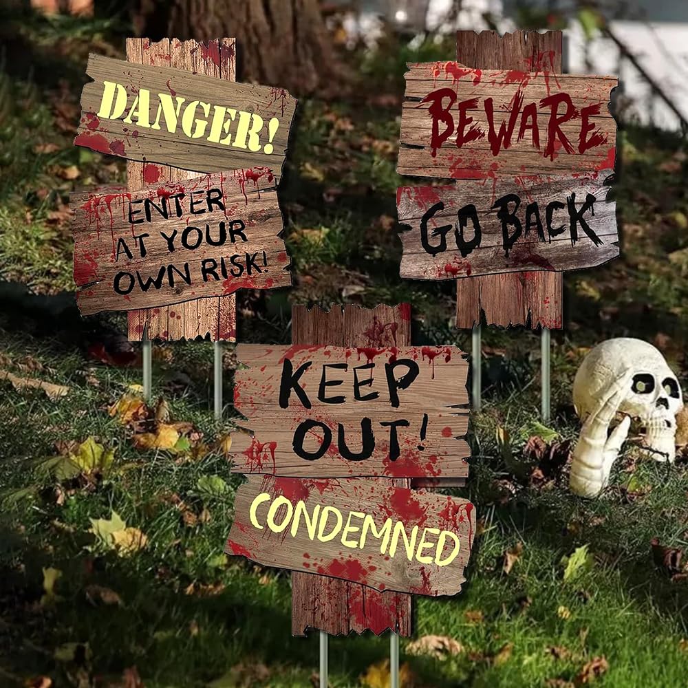 Halloween Warning Signs, Pack of 3 Halloween Decoration Outdoor, Halloween Decoration Horror Signs, Halloween Party Outdoor Decoration Set with Ground Spikes, Halloween Decoration for Haunted House