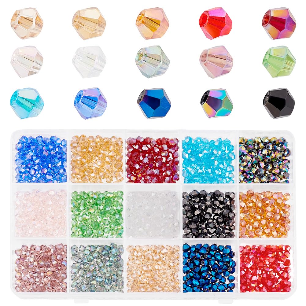 PH PandaHall about 1350pcs 4mm AB Color Plated Bicone Faceted Glass Beads with 1mm Hole for bracelet Necklace Jewellery DIY Craft Making, 15 Mixed Colors