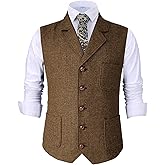 Mens Retro Suit Vest Tweed Wool Regular Fit Dress Waistcoat Herringbone for Jacket