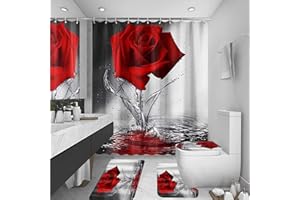 OMEBERO 4Pcs Red Rose Shower Curtain Sets, Romantic Water Red Rose Bathroom Sets with Shower Curtain and Rugs Toilet Lid Cover Bath Mat, Waterproof Fabric Rose Gift Shower Curtains with Hooks
