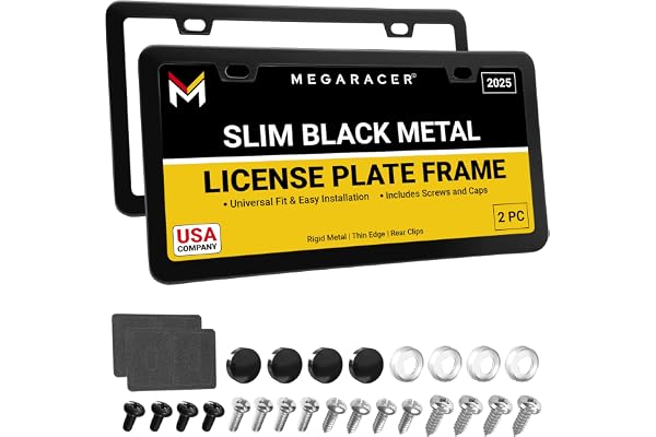 Premium Slim Matte Black License Plate Frames – 2 Pack, Rust-Free Stainless Steel & Rattle-Free, Street Legal, Universal with Screw Caps, Thin Metal Front & Rear Car Tag Holders for Men & Women