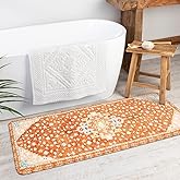 Uphome Boho Tribal Bathroom Runner Rug Orange Cute Floral Bath Mat Non-Slip Machine Washable Long Bathroom Rugs Soft Velvet Oriental Farmhouse Bath Rug for Sink Shower Doormat Tub, 18x47 inch
