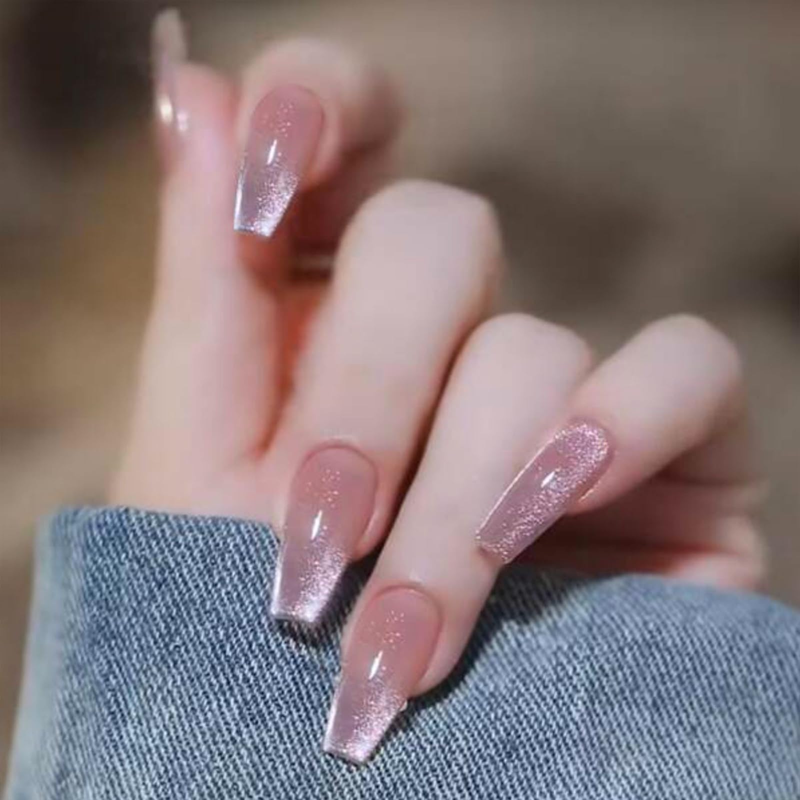 Long Coffin Press on Nails Light Pink Cat Eye Fake Nails Long Coffin False Nails with Gradient & Glitter Design Glossy Full Cover Glossy Acrylic Nails Reusable Stick on Nails for Women Girls 24Pcs - Image 2