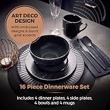Tower Empire 16 Piece Dinnerware Set Stoneware Black and Brass view 3