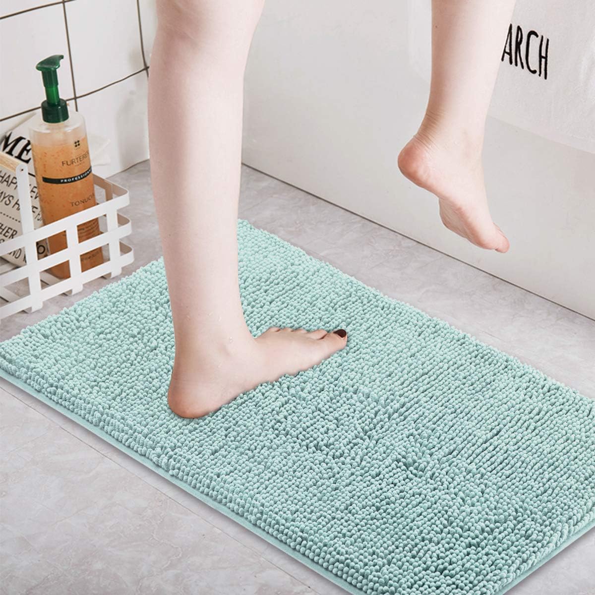 ITSOFT Non Slip Shaggy Chenille Soft Microfibers Bath Mat for Bathroom Rug Water Absorbent Carpet, Machine Washable, 21 x 34 Inches Spa Blue: Home & Kitchen