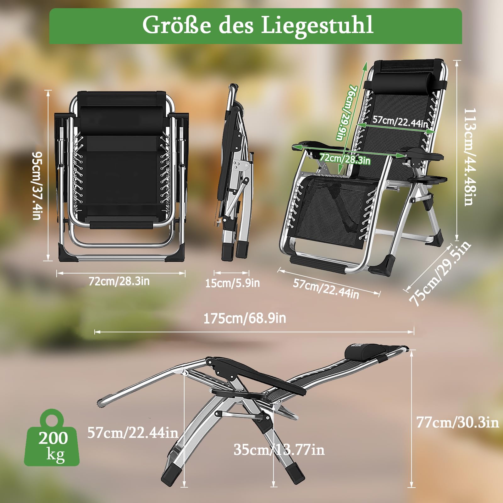 haiorjun Sonnenliege Liegestuhl Klappbar 200kg Belastbar Klappbare Gartenliege mit Abnehmbare Kissen und Auflage, Extra Breite 72 cm Relaxliege Garten Verstellbare Rückenlehne Balkonliege 3