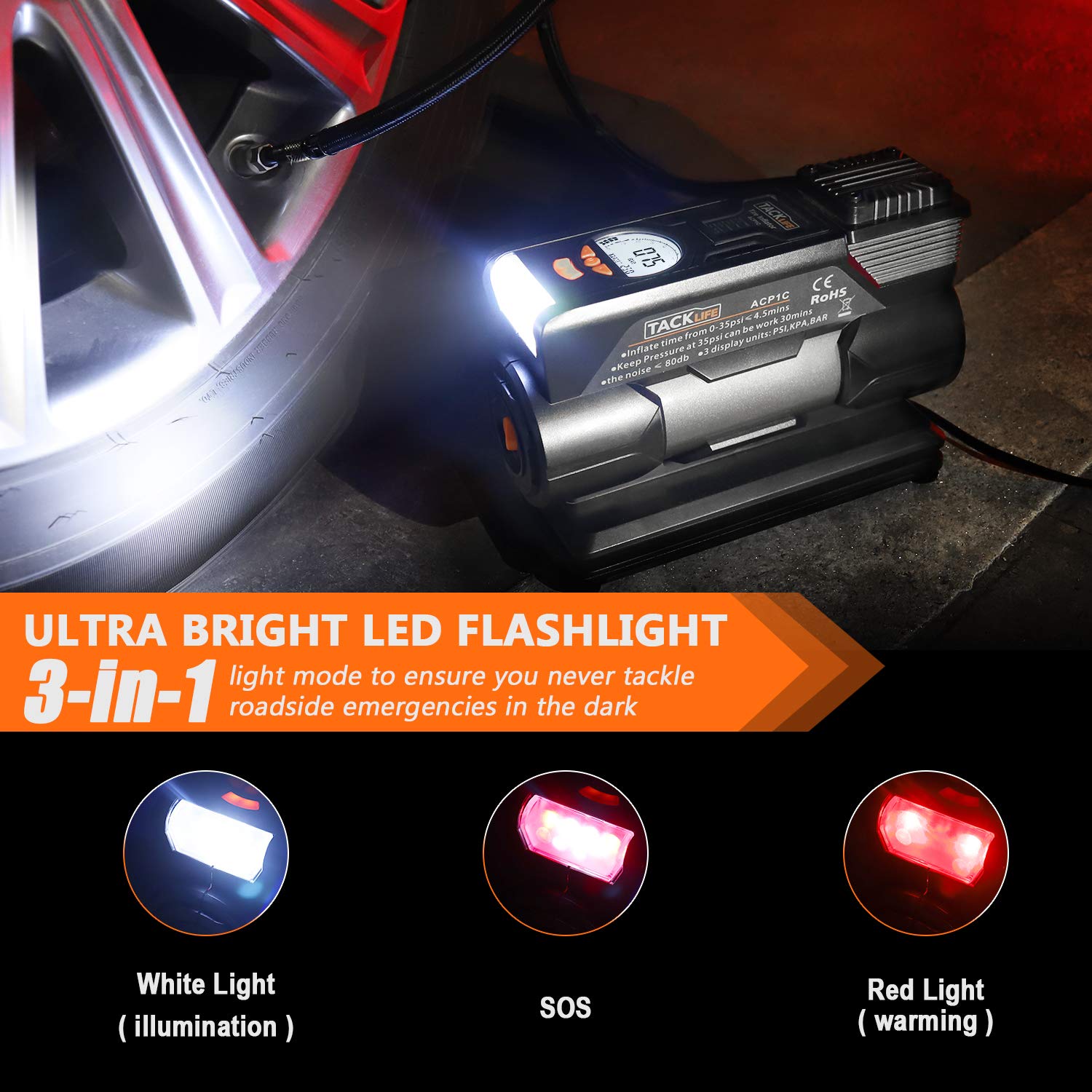 TACKLIFE Black&Orange ACP1C Portable, DC 12V 150PSI Air Compressor Pump