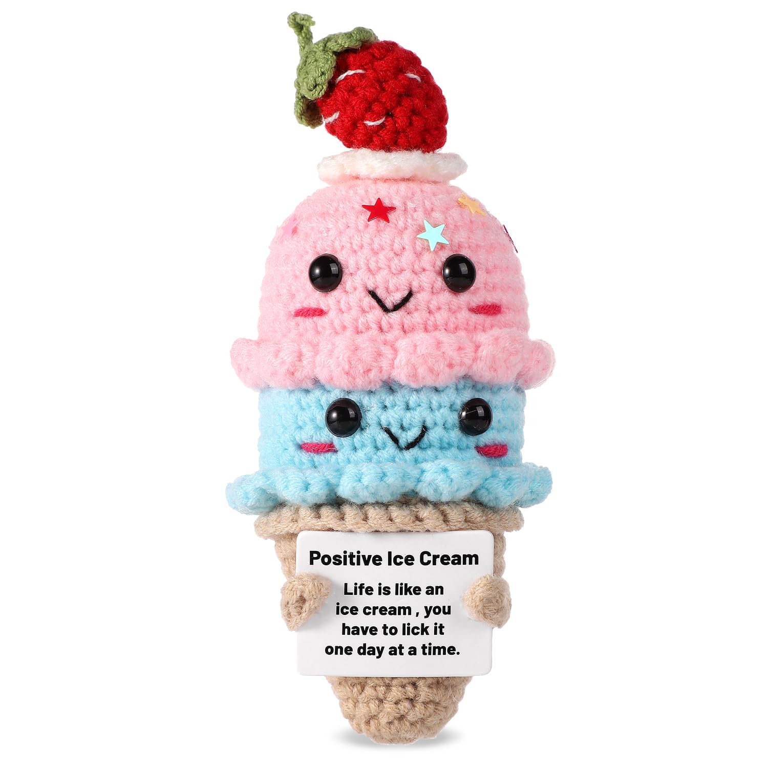 Positive Ice Cream, 5.5 Inch Crochet Ice Cream Cute Positive Doll Knitted Toy Doll Cheering Gift for Family Friends Encouragement Party Decoration