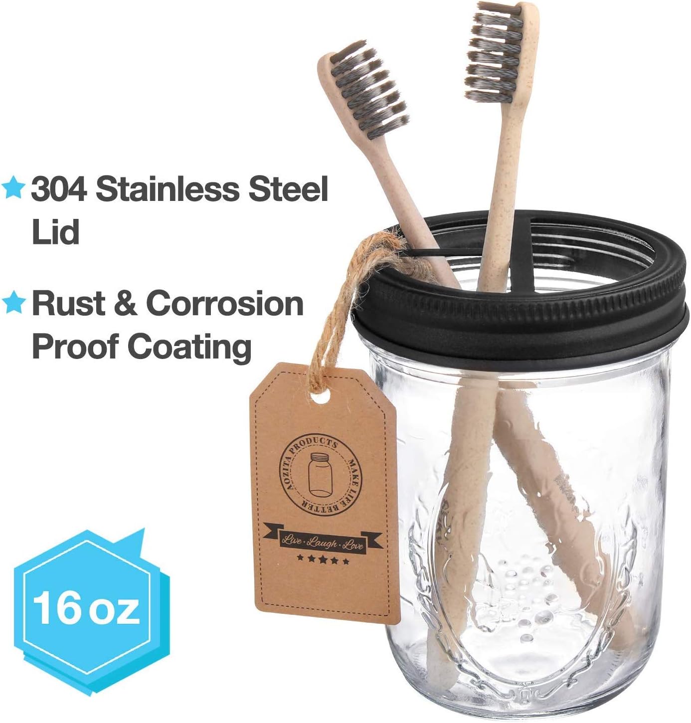 Mason Jar Bathroom Accessories Set 4 Pcs - Mason Jar Soap Dispenser & 2 Apothecary Jars & Toothbrush Holder - Rustic Farmhouse Decor, Bathroom Home Decor, Countertop Vanity Organize - Black: Home & Kitchen