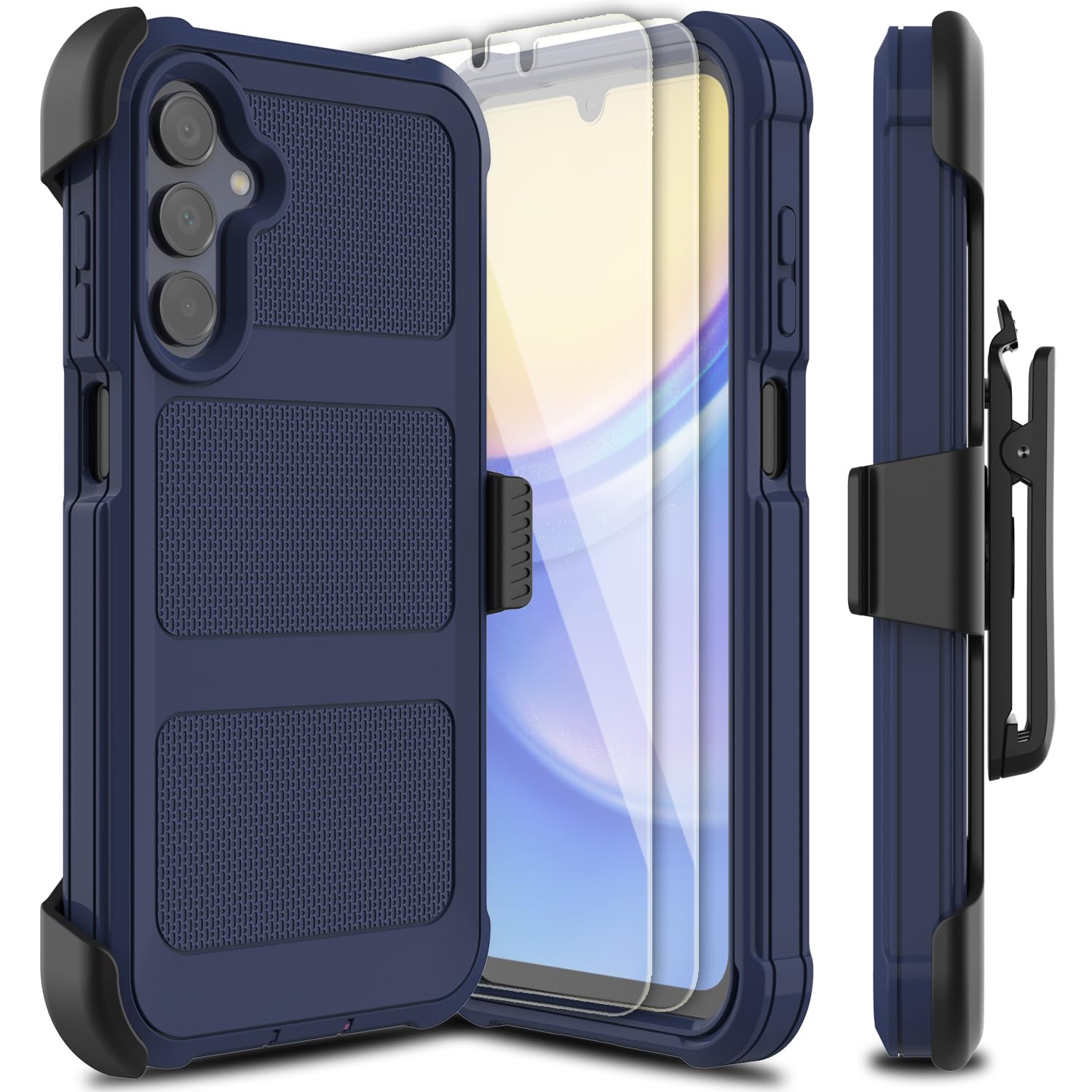 Leptech for Samsung Galaxy A15 5G Case with 2 Pack Tempered Glass Screen Protector, [Holster Series] Belt Clip Hard Tough Heavy Duty Rugged Shockproof Protective Cell Phone Cover (Dark Blue)