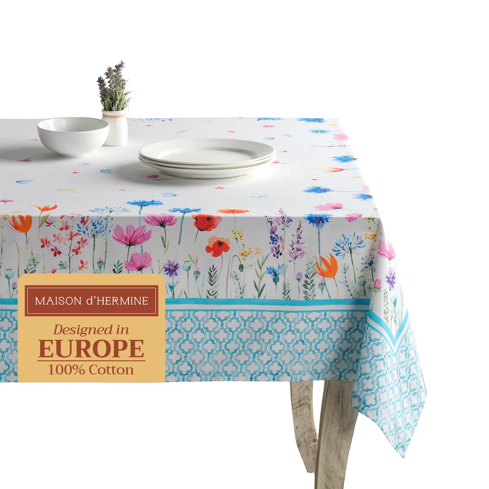 Maison d' Hermine Table Cloth Rectangle Table 100% Cotton 180 cm x 140 cm Tablecloth Reusable Everyday Use for Dining Farmhouse Home Party Festive (Flower In The Field) — image 1