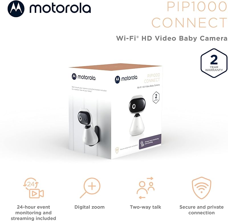 PIP1000 Babyphone mit Kamera - Überwachungskamera mit App - Baby Monitor - Nachtsicht, Digitalzoom, Schlaflieder und Zwei-Wege-Kommunikation - Wandmontage - Weiß