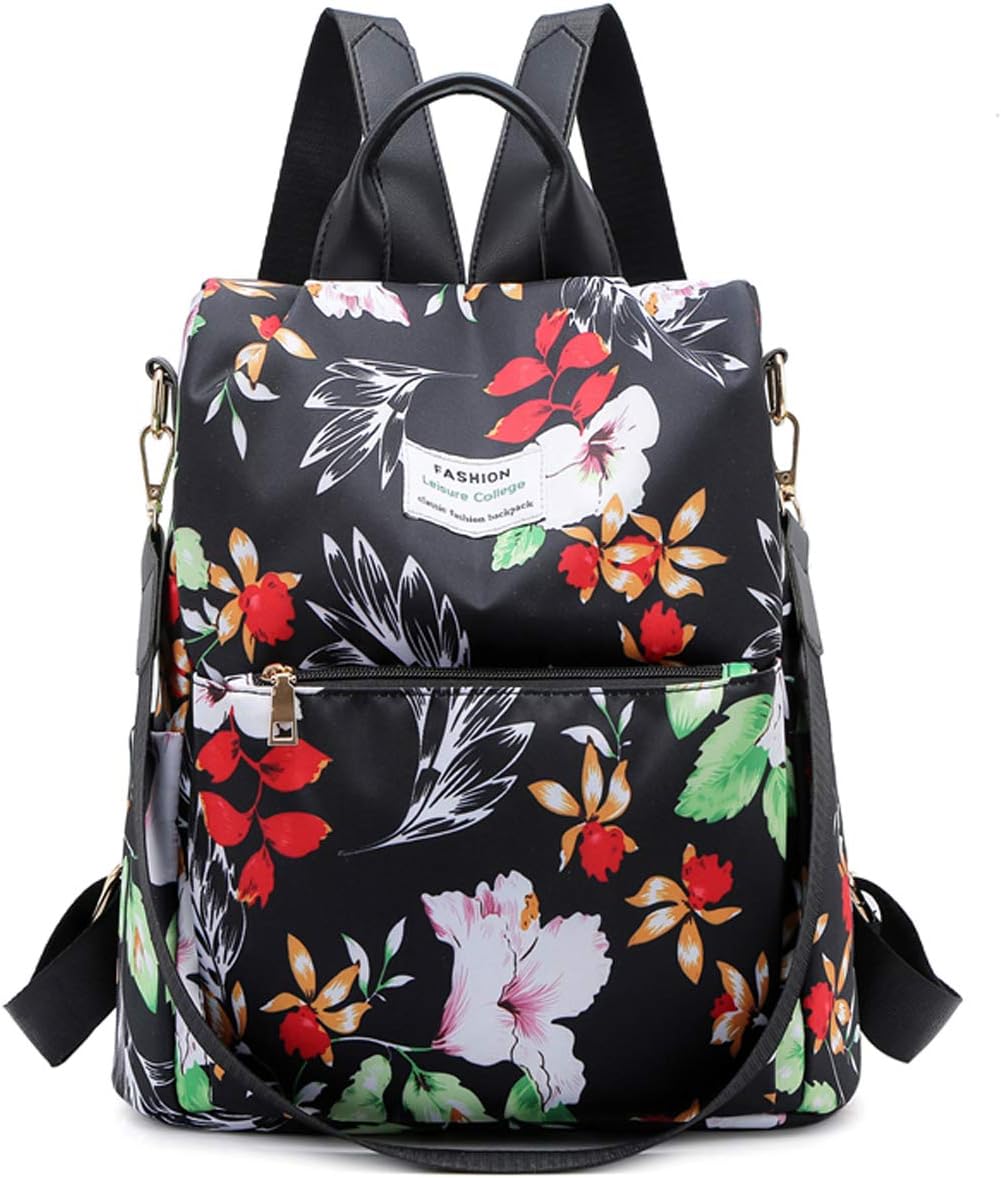FANDARE Women Backpack Anti-Theft Handbag Girls School Shoulder Bag Casual Daypacks Lightweight Rucksack for Outdoor Travel School Campus Shopping Waterproof Nylon Black Flowers