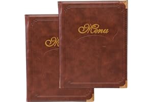 QNTCCX Premium Brown Faux Leather Menu Covers - Set of 2, 7-Page 14-View Restaurant Menu Holders, 8.5x11 Inch with Replaceable Sheets & Metal Corners for Cafes, Hotels